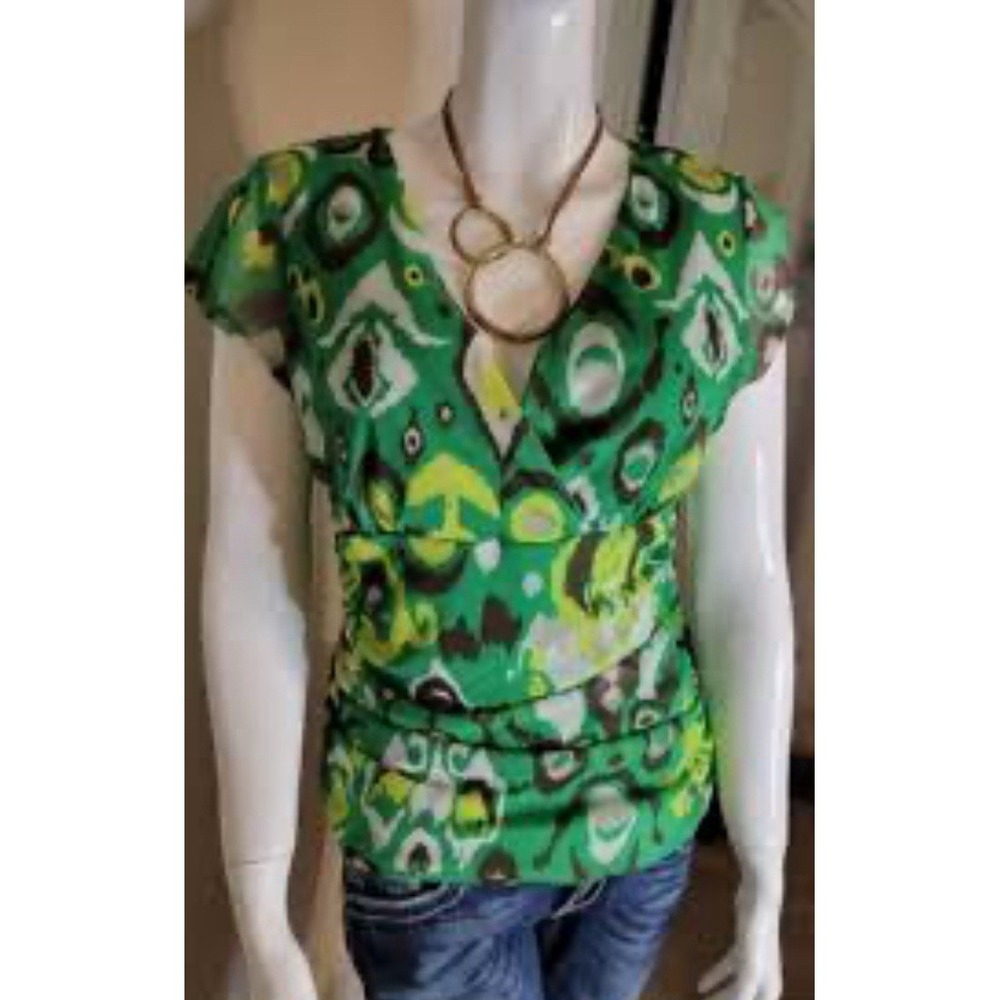 INC International Concepts Green Ikat Flutter Sleeve Ruched Blouse Size L